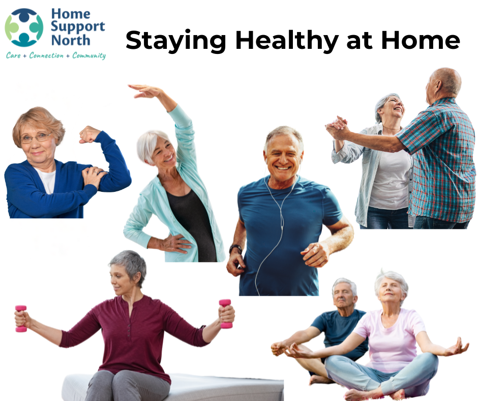 Older people doing yoga, stretching, lifting weights, dancing and running